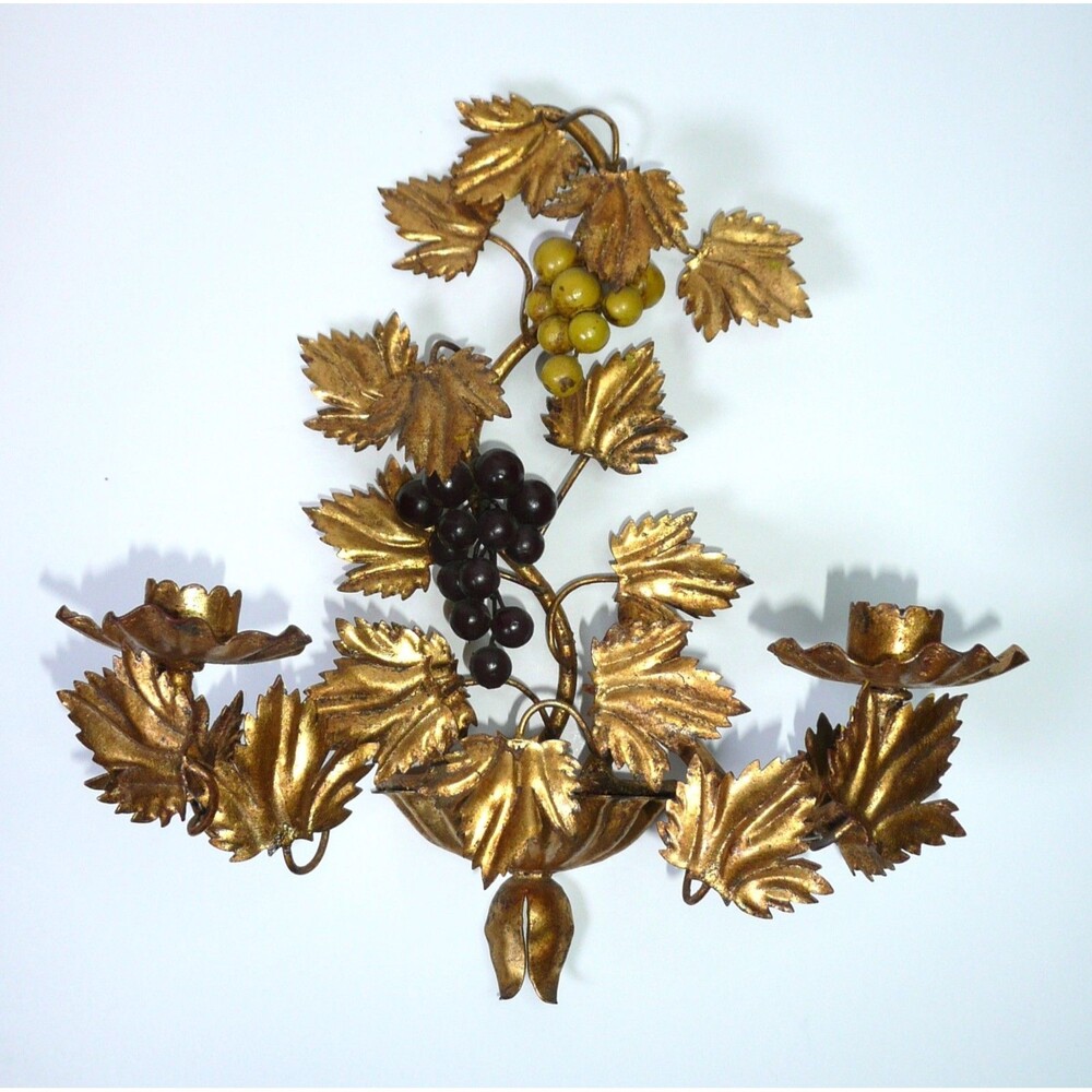 Vtg 2 Candle Sconce Italian Style Gold Grape Vine Gilt Metal Toleware Wall MCM